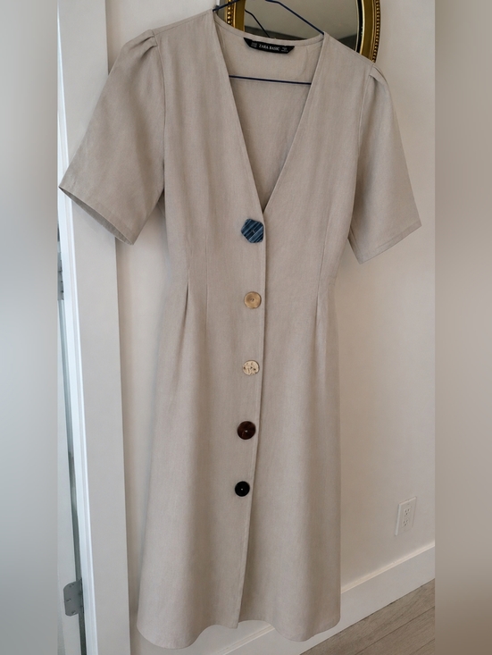 Zara Dresses & Skirts - Zara Neutral Beige Midi Linen Dress with Mixed Buttons